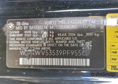 2009 BMW 328 Xi Sulev z USA, uszkodzony, nr VIN WBAWV53539PF95589